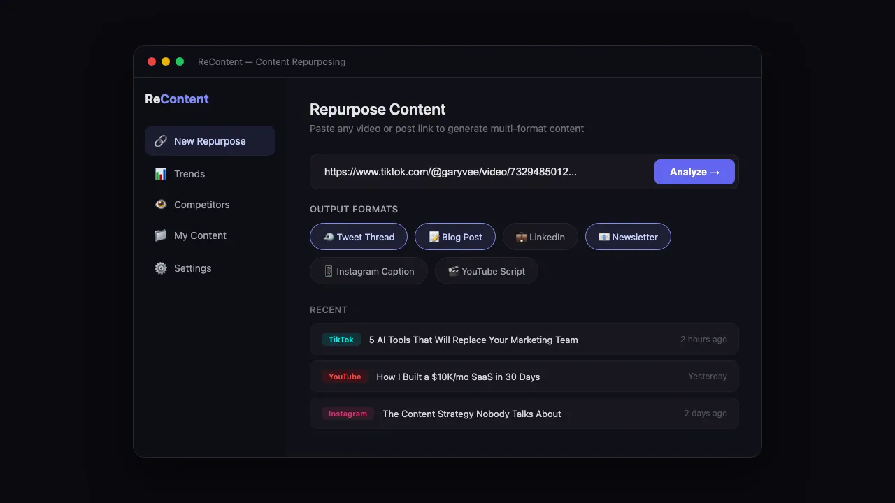 ReContent link input interface showing URL paste and output format selection